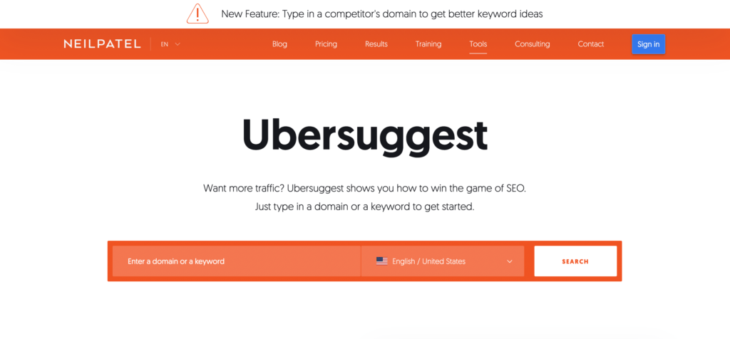 écran d'accueil UberSuggest